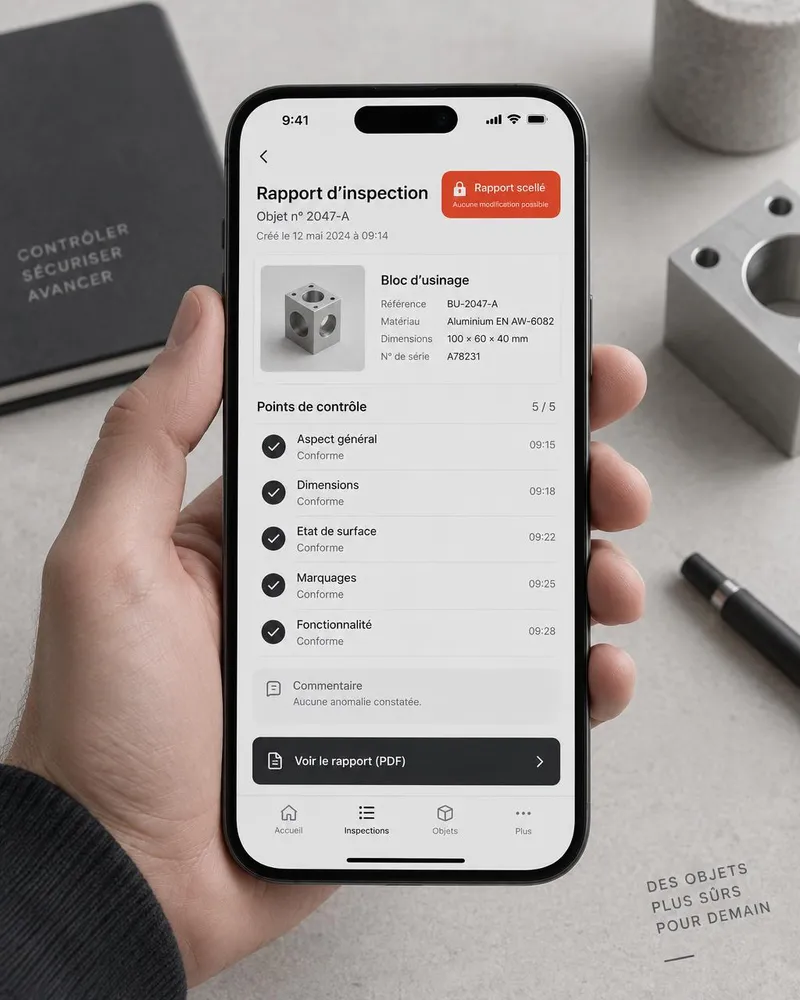 L’application Dorynn affichant un rapport d’inspection scellé